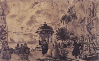 Public garden on the bank of the Volga (festivities on the banks of the Volga), 1918, Boris Kustodiev